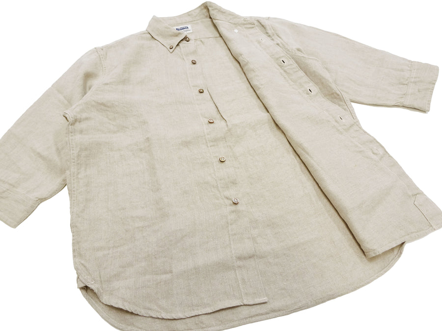 Pherrow's Men's Casual Plain 3/4 Sleeve Linen Shirt with a Button-Down Collar Pherrows 23S-P7BD1 Beige