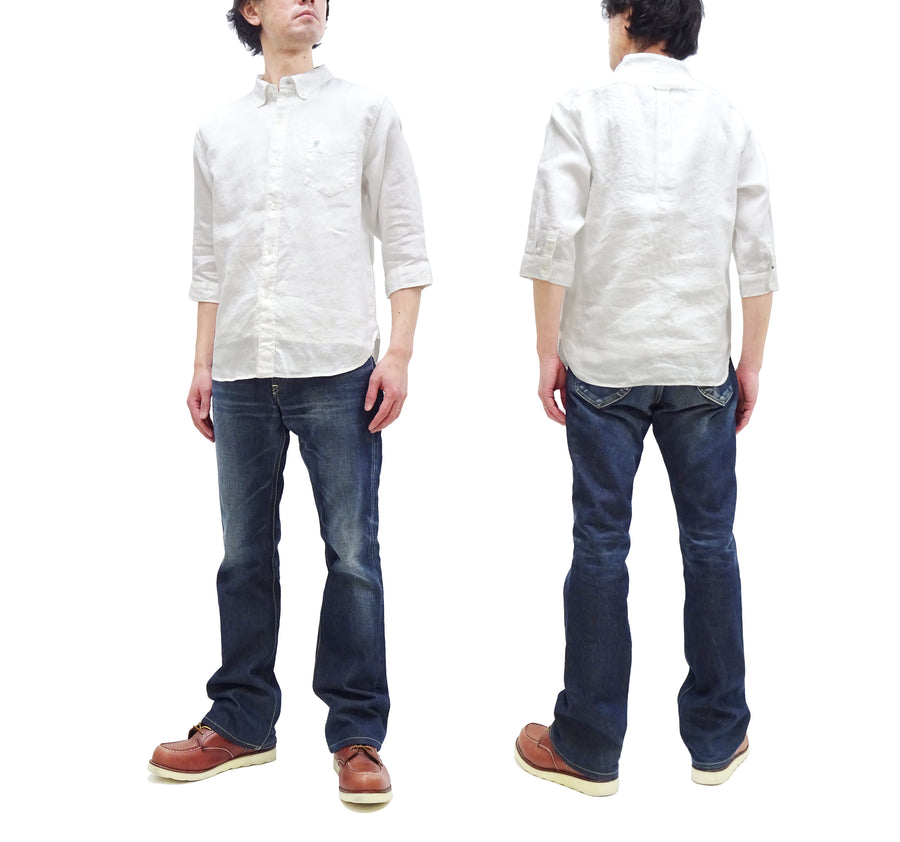 Pherrow's Men's Casual Plain 3/4 Sleeve Linen Shirt with a Button-Down Collar Pherrows 23S-P7BD1 Off-White