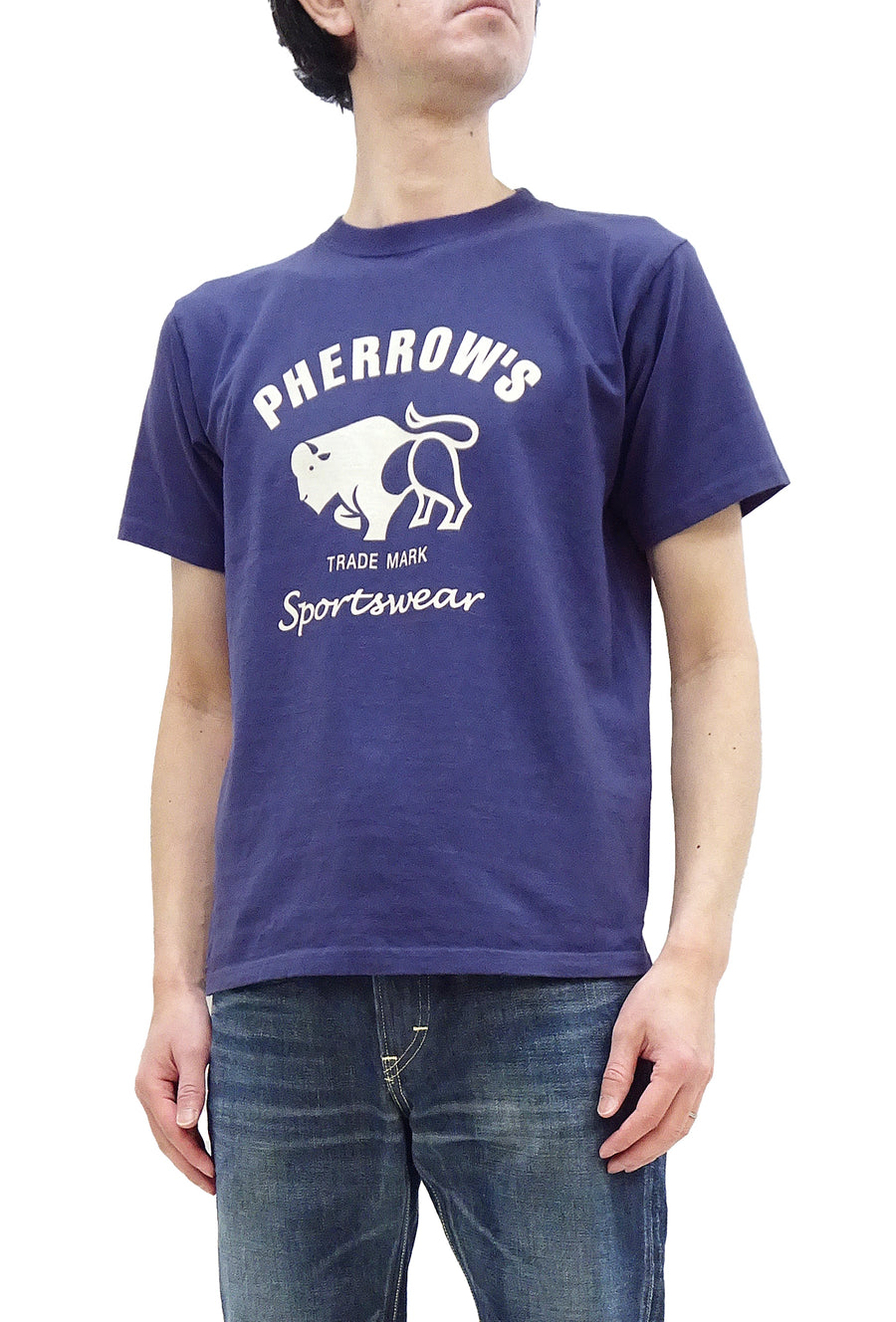 Pherrow's T-Shirt Men's Loopwheeled Short Sleeve Buffalo Graphic Tee Pherrows 23S-PT2 Faded-Dark-Blue