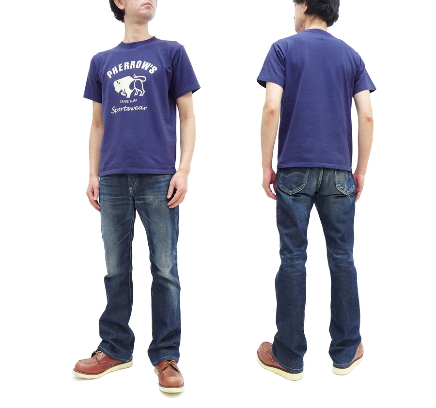 Pherrow's T-Shirt Men's Loopwheeled Short Sleeve Buffalo Graphic Tee Pherrows 23S-PT2 Faded-Dark-Blue