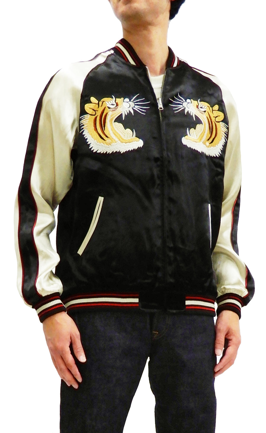 Japanesque Men's Japanese Souvenir Jacket Tiger Embroidered Sukajan 3RSJ-001 Black/Off