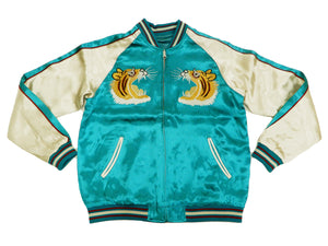 Japanesque Men's Japanese Souvenir Jacket Tiger Embroidered Sukajan 3RSJ-001 Emerald-Green/Off