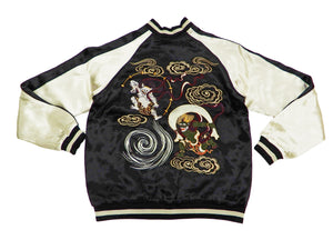 Japanesque Men's Japanese Souvenir Jacket Japan Art Fujin and Raijin Embroidered Sukajan 3RSJ-003 Black/Off
