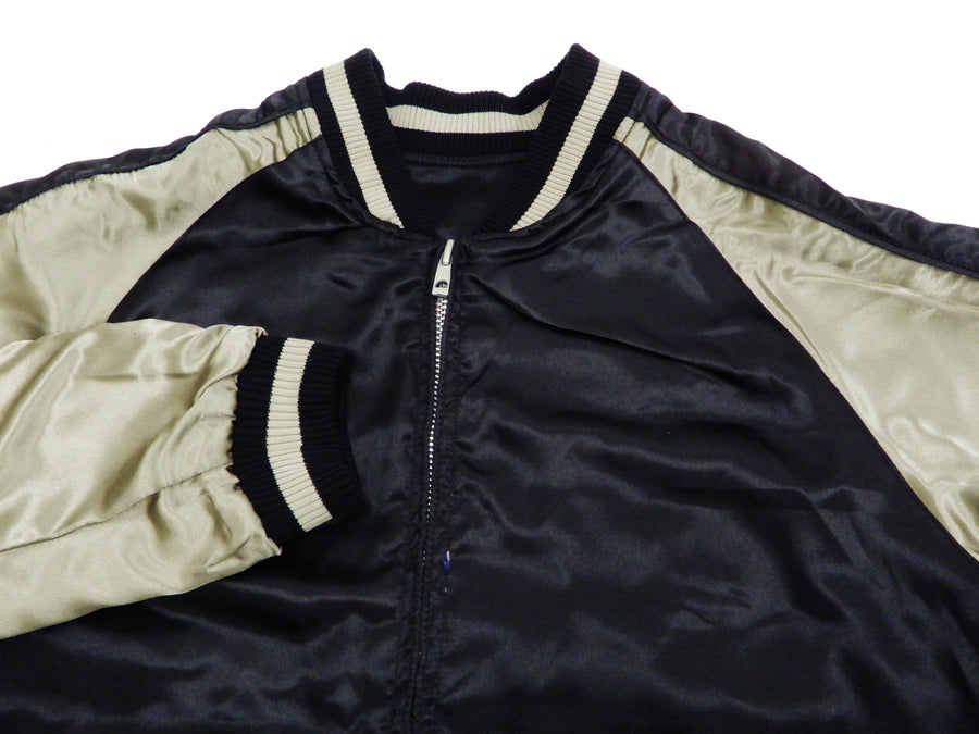 Japanesque Men's Japanese Souvenir Jacket Fujin Raijin Sukajan 3RSJ-003 Black/Beige