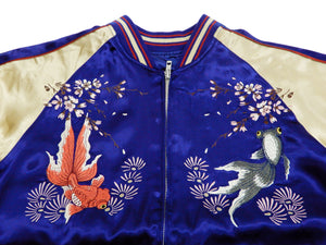 Japanesque Men's Japanese Souvenir Jacket Goldfish Embroidered Sukajan 3RSJ-015 Blue/Beige