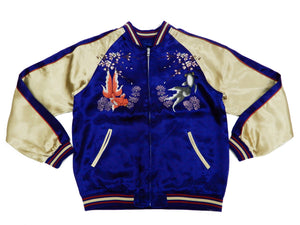 Japanesque Men's Japanese Souvenir Jacket Goldfish Embroidered Sukajan 3RSJ-015 Blue/Beige