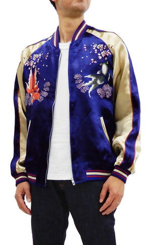 Japanesque Men's Japanese Souvenir Jacket Goldfish Embroidered Sukajan 3RSJ-015 Blue/Beige