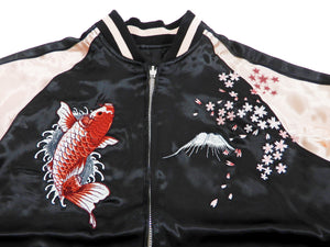 Japanesque Men's Japanese Souvenir Jacket koi fish Embroidered Sukajan 3RSJ-022 Black/Pink