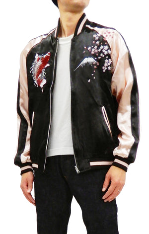 Japanesque Men's Japanese Souvenir Jacket koi fish Embroidered Sukajan 3RSJ-022 Black/Pink