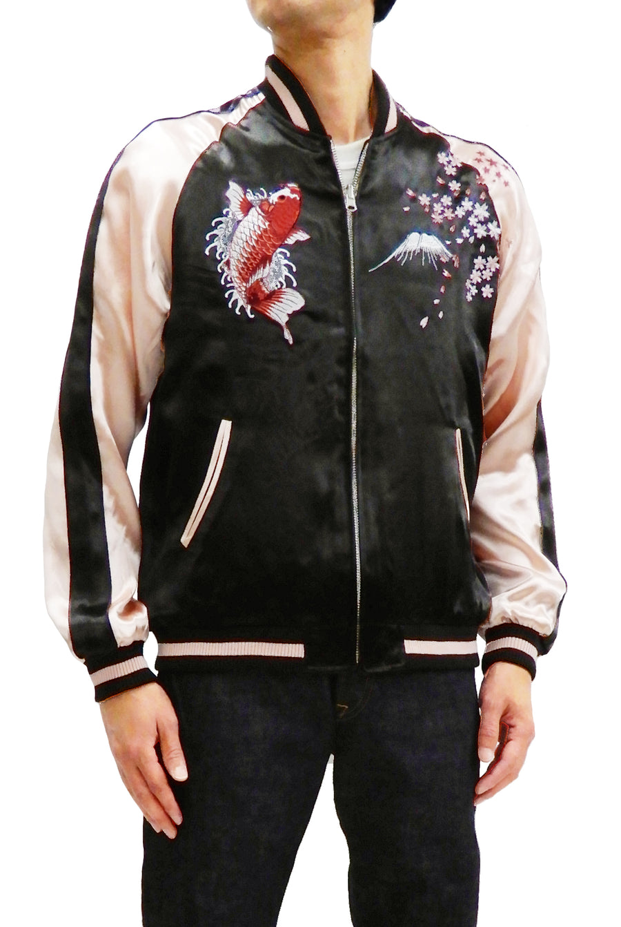 Japanesque Men's Japanese Souvenir Jacket koi fish Embroidered Sukajan 3RSJ-022 Black/Pink