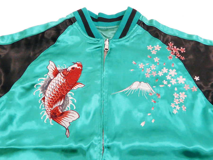 Japanesque Men's Japanese Souvenir Jacket koi fish Embroidered Sukajan 3RSJ-022 Blue-Green/Black