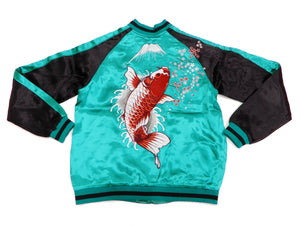 Japanesque Men's Japanese Souvenir Jacket koi fish Embroidered Sukajan 3RSJ-022 Blue-Green/Black