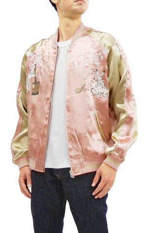 Japanesque Men's Japanese Souvenir Jacket Moon Rabbit Sukajan 3RSJ-023 Pink/Beige