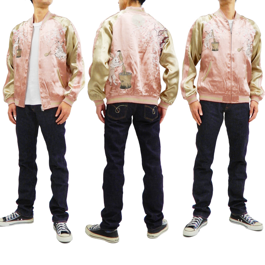 Japanesque Men's Japanese Souvenir Jacket Moon Rabbit Sukajan 3RSJ-023 Pink/Beige
