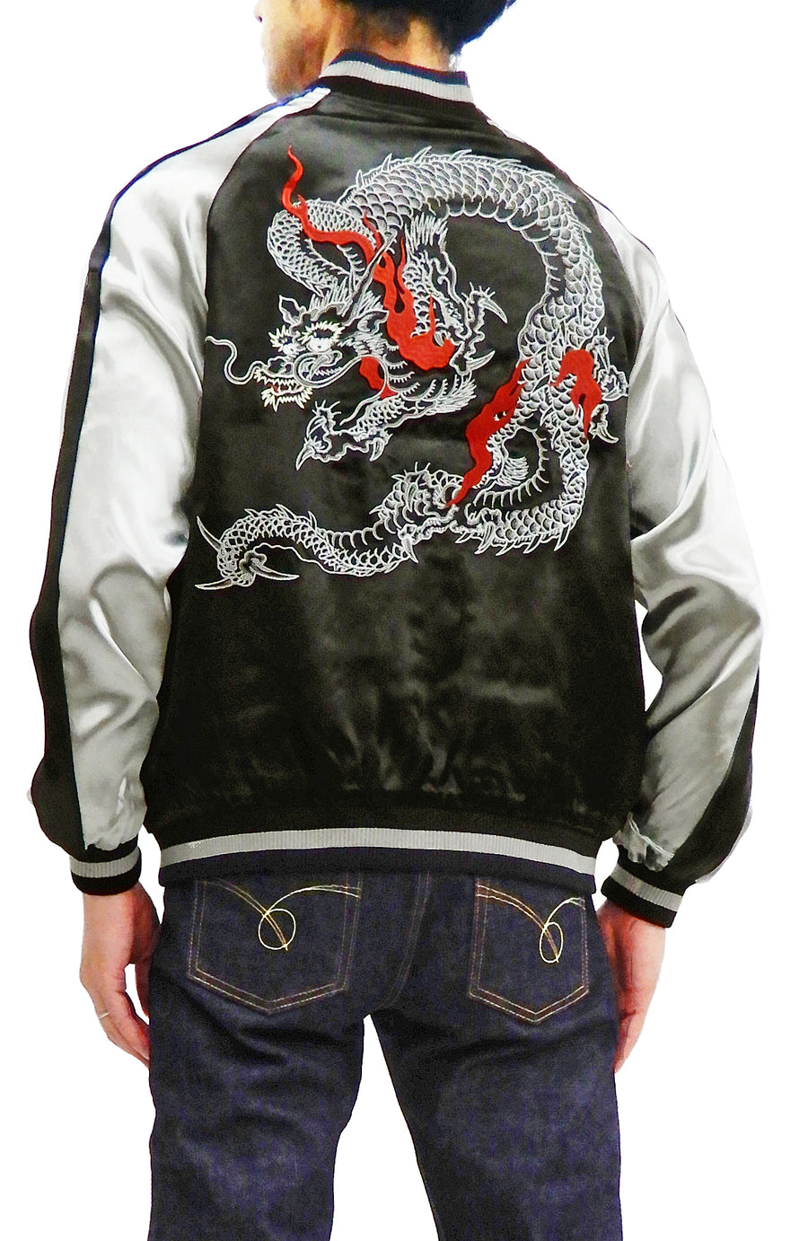 Japanesque Men's Japanese Souvenir Jacket Dragon Embroidered Sukajan 3RSJ-024 Black/Gray