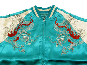 Japanesque Men's Japanese Souvenir Jacket Dragon Embroidered Sukajan 3RSJ-024 Blue-Green/Off