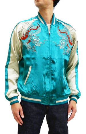 Japanesque Men's Japanese Souvenir Jacket Dragon Embroidered Sukajan 3RSJ-024 Blue-Green/Off