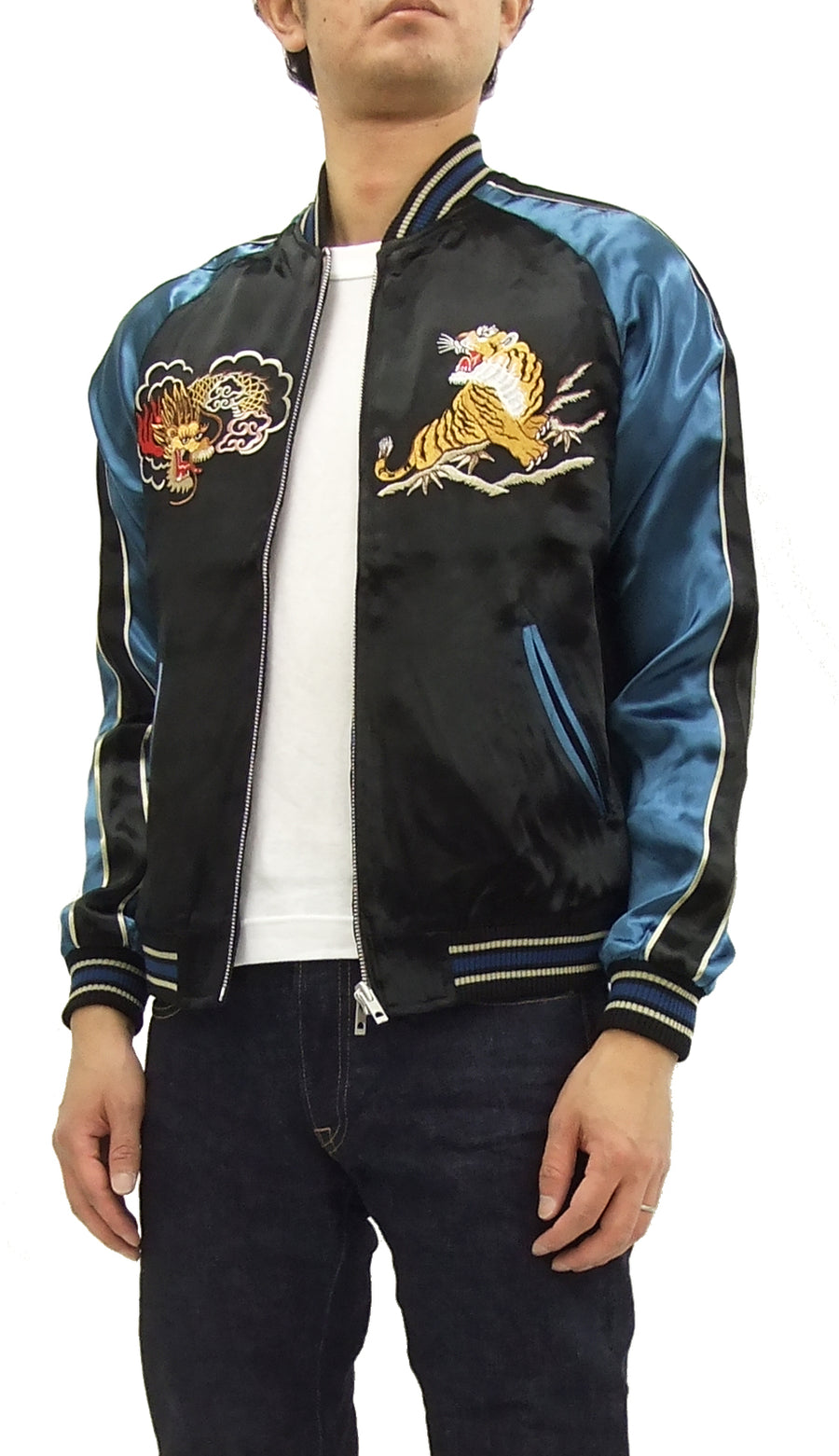 Japanesque Japanese Souvenir Jacket 3RSJ-028 Dragon Tiger Men's Sukajan Black/Navy-Blue