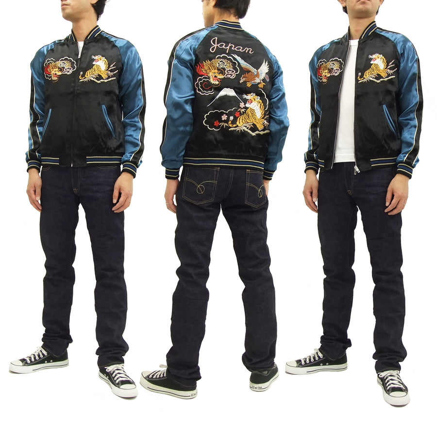 Japanesque Japanese Souvenir Jacket 3RSJ-028 Dragon Tiger Men's Sukajan Black/Navy-Blue