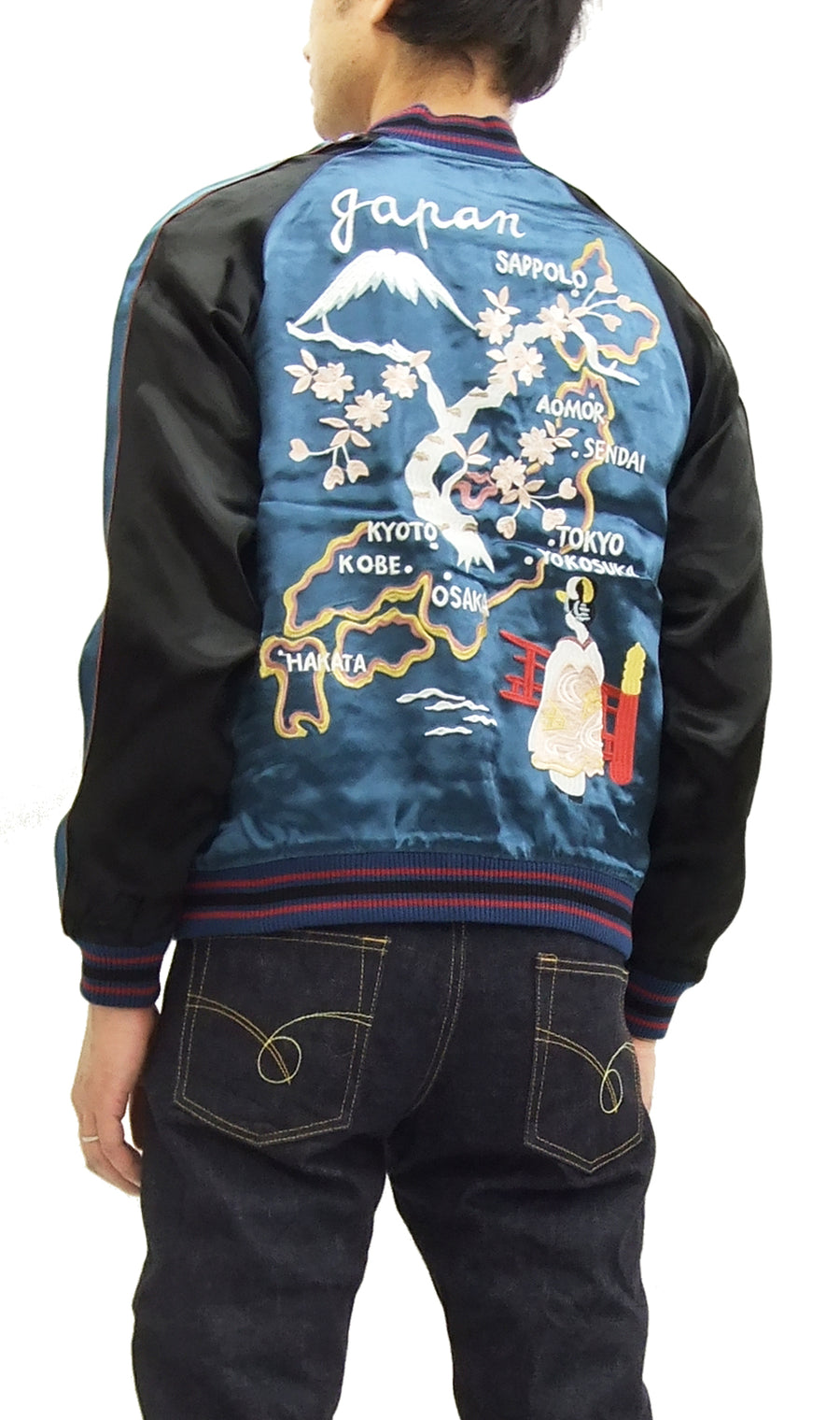 Japanesque Japanese Souvenir Jacket 3RSJ-029 Japan map Men's Sukajan Navy-Blue/Black