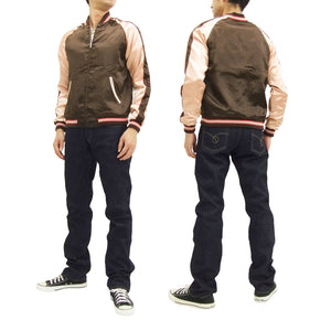 Japanesque Script Japanese Souvenir Jacket 3RSJ-030 Ume and Bird Men's Sukajan Charcoal-Gray/Pink
