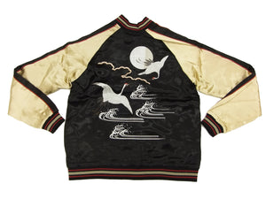 Japanesque Script Japanese Souvenir Jacket 3RSJ-032 Crane with Moon Men's Sukajan Black/Gold