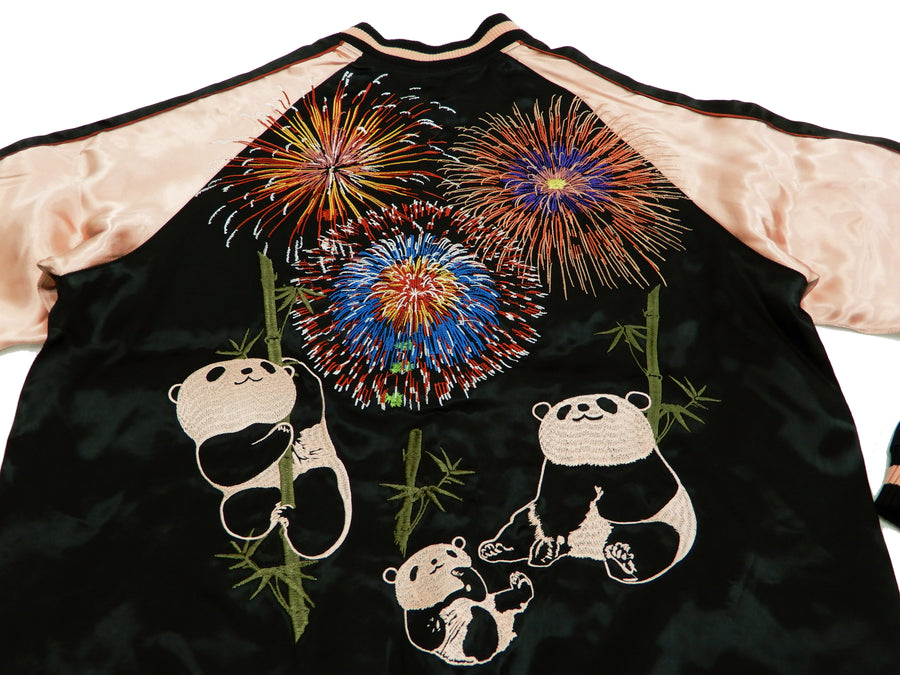 Japanesque Men's Japanese Souvenir Jacket Panda and Fireworks Sukajan 3RSJ-039 Black/Pink