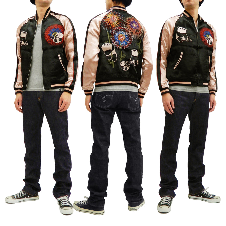 Japanesque Men's Japanese Souvenir Jacket Panda and Fireworks Sukajan 3RSJ-039 Black/Pink