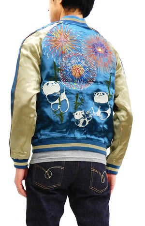 Japanesque Men's Japanese Souvenir Jacket Panda and Fireworks Sukajan 3RSJ-039 Blue/Beige
