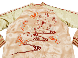 Japanesque Men's Japanese Souvenir Jacket Japanese Butterfly and Cherry Blossoms Sukajan 3RSJ-040 Pink/Beige