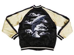 Japanesque Men's Japanese Souvenir Jacket Whale Breach Sukajan 3RSJ-041 Black/Beige