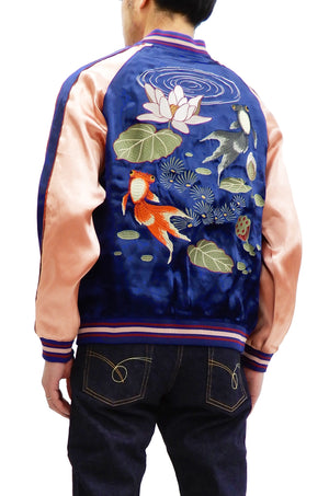 Japanesque Men's Japanese Souvenir Jacket Goldfish Sukajan 3RSJ-044 Navy-Blue/Pink