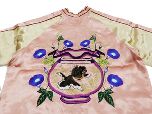 Japanesque Mens Japanese Souvenir Jacket Goldfish Bowl Sukajan 3RSJ-045 Pink/Beige