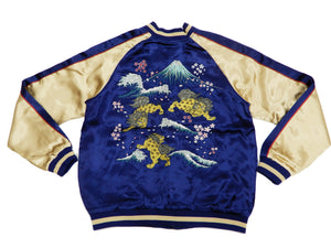 Japanesque Men's Japanese Souvenir Jacket Komainu Embroidered Sukajan 3RSJ-046 Navy-Blue/Beige