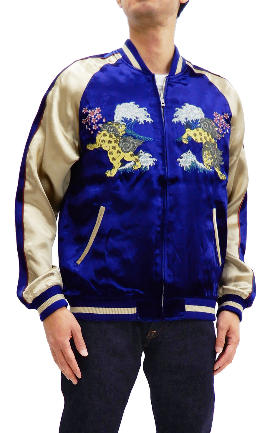 Japanesque Men's Japanese Souvenir Jacket Komainu Embroidered