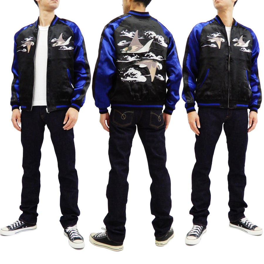 Japanesque Men's Japanese Souvenir Jacket Manta Ray Sukajan 3RSJ-048 BlacK/Navy-Blue