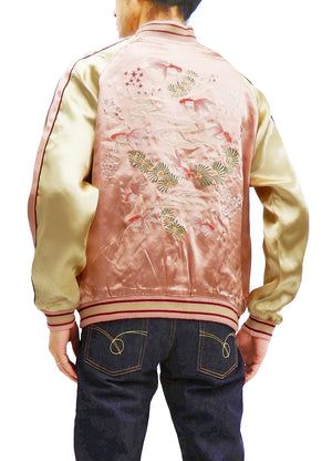Japanesque Men's Japanese Souvenir Jacket Goldfish Embroidered Sukajan 3RSJ-049 Pink/Beige