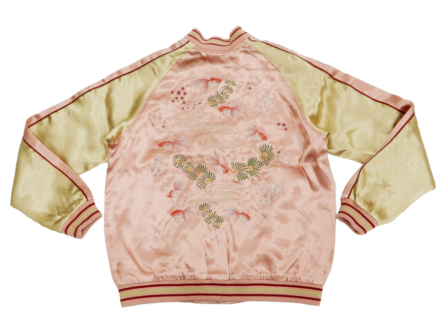 Japanesque Men's Japanese Souvenir Jacket Goldfish Embroidered Sukajan 3RSJ-049 Pink/Beige