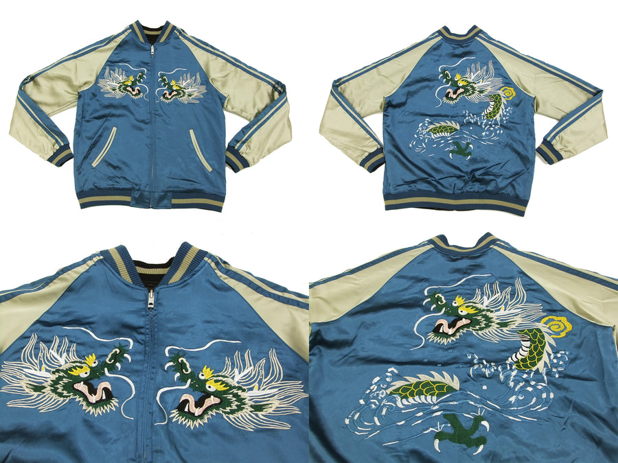 Japanesque Japan Map & Blue Dragon Reversible Souvenir Jacket S