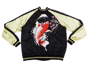 Japanesque Men's Japanese Souvenir Jacket Koi Fish and Fuujin Sukajan 3RSJ-504 Black