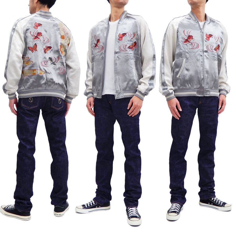 Japanesque Men's Japanese Souvenir Jacket Goldfish Embroidery Sukajan 3RSJ-701 Gray/Off