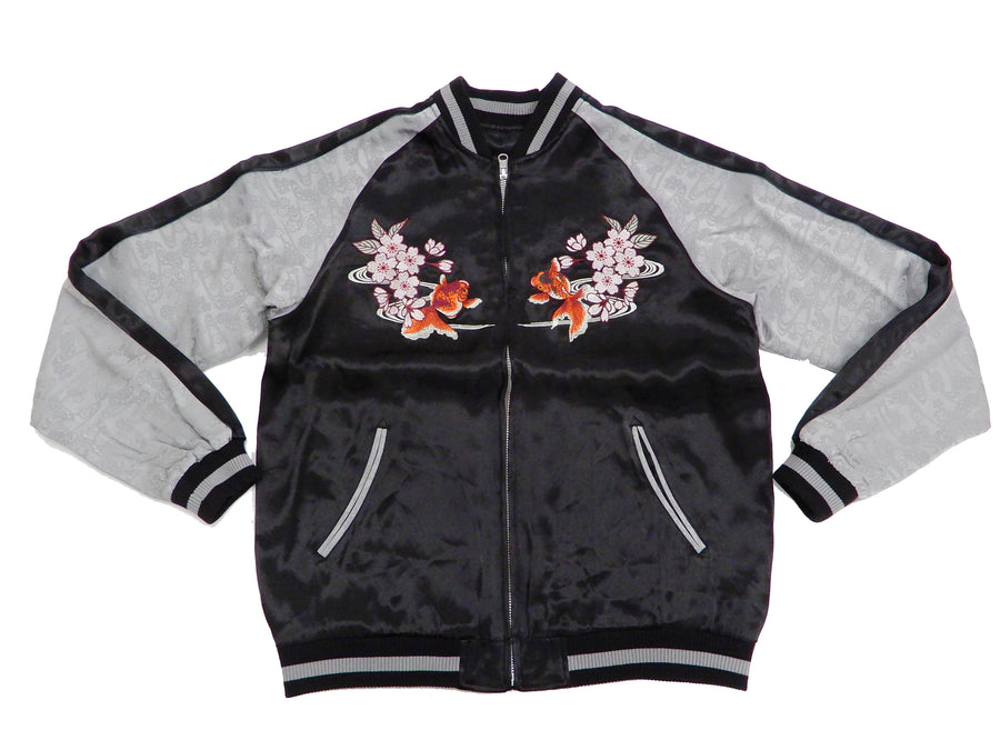 Japanesque Men's Japanese Souvenir Jacket Goldfish Embroidery Sukajan 3RSJ-702 Black/Gray