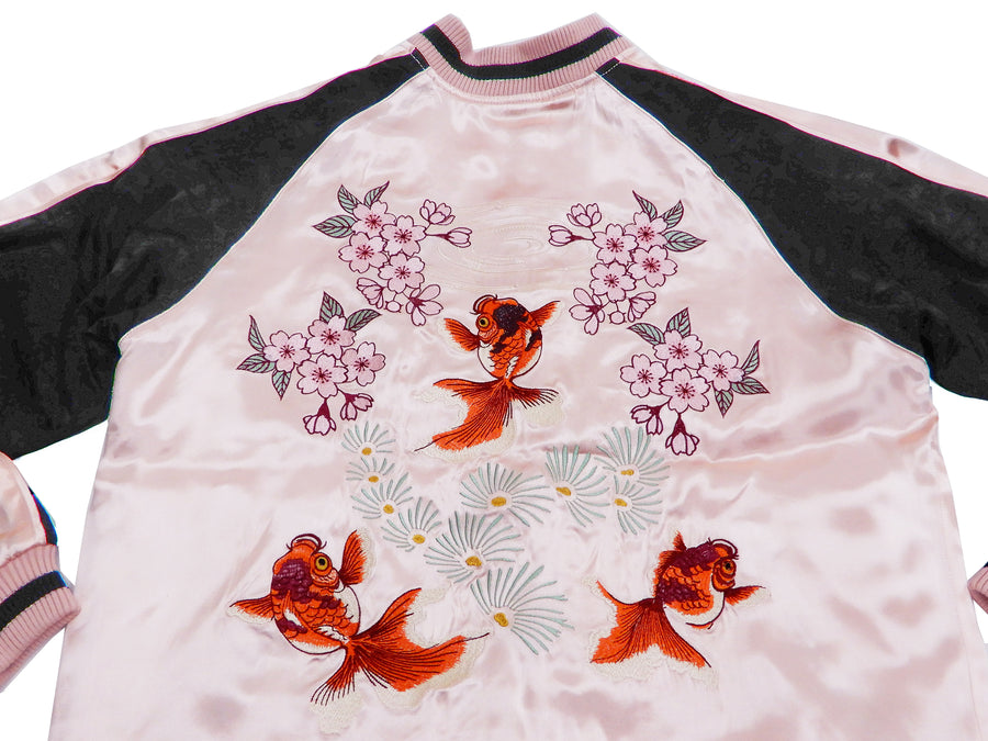 Japanesque Men's Japanese Souvenir Jacket Goldfish Embroidery Sukajan 3RSJ-702 Pink/Black