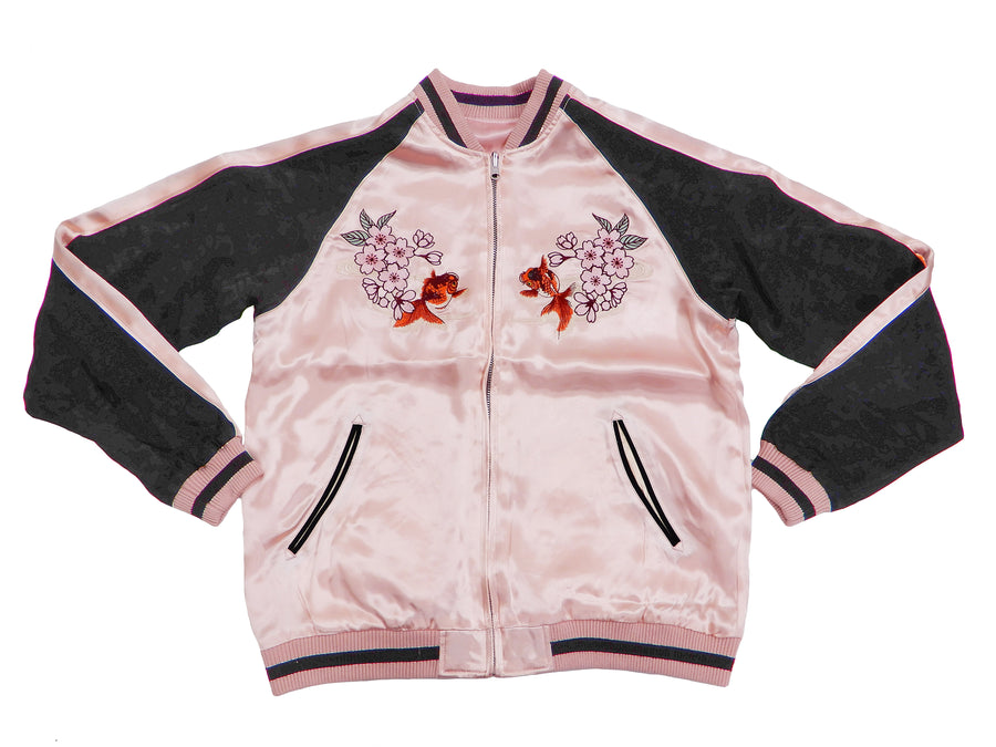 Japanesque Men's Japanese Souvenir Jacket Goldfish Embroidery Sukajan 3RSJ-702 Pink/Black