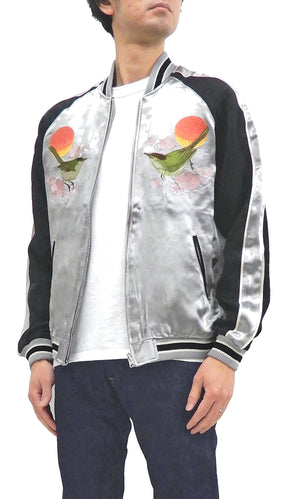 Japanesque Sukajan Men's Japanese Souvenir Jacket Japanese Bush Warbler 3RSJ-751 Gray/Black