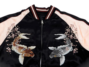 Japanesque Sukajan Men's Japanese Souvenir Jacket Japanese Koi fish 3RSJ-754 Black/Pink