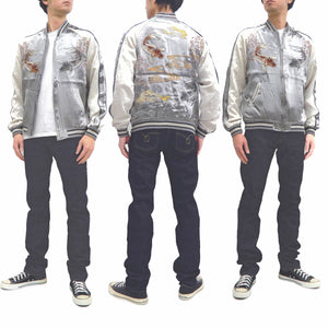 Japanesque Sukajan Men's Japanese Souvenir Jacket Japanese Koi fish 3RSJ-754 Gray/Off