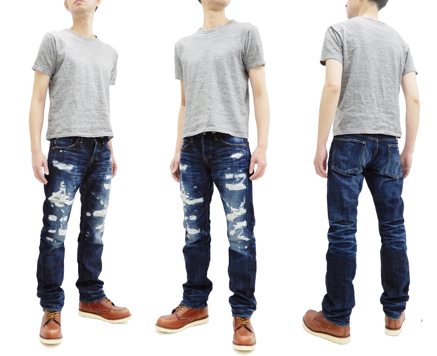 Eternal Ripped Distressed Jeans Men's Pre-Faded Denim Low Rise Slim Fit Straight Leg Button Fly 52292 Dark-Indigo