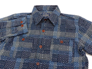 Studio D'artisan Shirt Noragi Boro Style Men's Long Sleeve Sashiko Shirt 5651 Blue