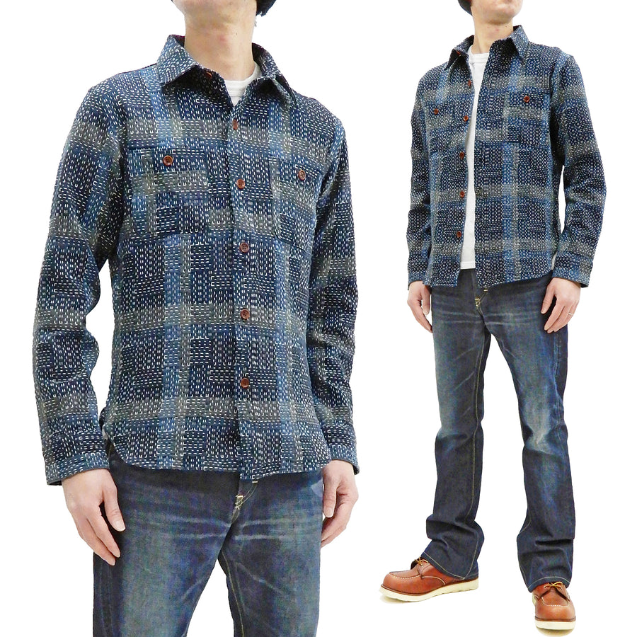 Studio D'artisan Shirt Noragi Boro Style Men's Long Sleeve Sashiko Shirt 5651 Blue